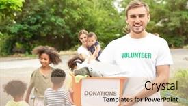  Presentation with volunteer - Colorful PPT layouts enhanced with third world country - young male volunteer holding box backdrop and a lemonade colored foreground