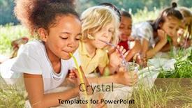  Presentation with multicultural kids - Cool new presentation theme with thirsty-multicultural-kids-drink-water backdrop and a coral colored foreground