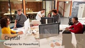  Presentation with modern - Presentation theme enhanced with thirties - casually dressed business team working background and a coral colored foreground