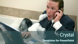  Presentation with business man climbs up to the top of 3d success stairs steps - Presentation theme featuring thirty something business man in bubble bath with cellphone and laptop computer background and a ocean colored foreground