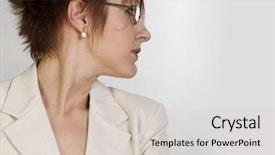  Presentation with shoulder - Amazing PPT theme having thirty something business woman looking backdrop and a  colored foreground