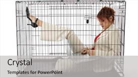  Presentation with cage - Cool new presentation design with thirty something business woman trapped in cage backdrop and a light gray colored foreground