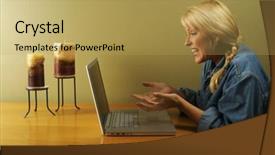  Presentation with laptop - Presentation theme having this woman using laptop series background and a  colored foreground