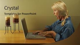  Presentation with laptop - Audience pleasing presentation consisting of this woman using laptop series backdrop and a  colored foreground