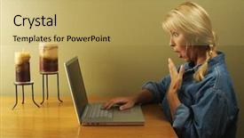  Presentation with laptop - Presentation theme featuring this woman using laptop series background and a  colored foreground