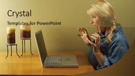  Presentation with laptop screen frame - Cool new presentation theme with close up portrait of young chemist developing new molecular structures focus on molecule backdrop and a seafoam green colored foreground