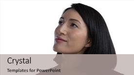  Presentation with career milestone close up - PPT theme enhanced with thnking - close-up of thoughtful businesswoman background and a  colored foreground