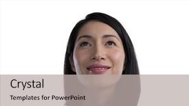  Presentation with white pigeon against the blue - Colorful slides enhanced with thnking - close-up of thoughtful businesswoman backdrop and a  colored foreground