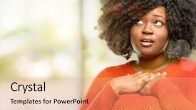  Presentation with heart love - Presentation design with beautiful african woman having charming smile holding hands on heart wanting to show love and sympathy outdoor background and a coral colored foreground