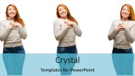  Presentation with sympathy - Colorful PPT theme enhanced with thorax - young beautiful redhead woman having backdrop and a light blue colored foreground