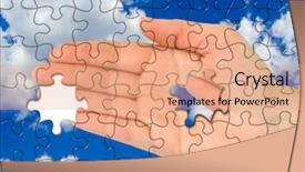  Presentation with puzzle - Presentation theme featuring thought cloud - puzzle hand without one piece background and a coral colored foreground