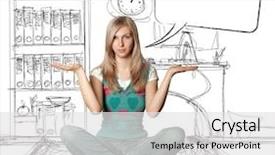  Presentation with woman hands open - Beautiful PPT theme featuring thought cloud - woman in lotus pose backdrop and a white colored foreground