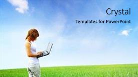  Presentation with green - Colorful PPT layouts enhanced with portrait of a cute young woman relaxing in field backdrop and a yellow colored foreground