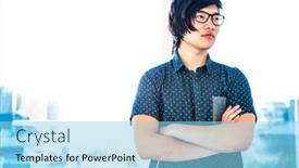  Presentation with thought - Slides having thought hipster businessman looking away in office background and a light blue colored foreground