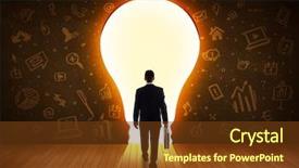  Presentation with light bulb - Presentation having thought leadership - business man looking at bright background and a tawny brown colored foreground