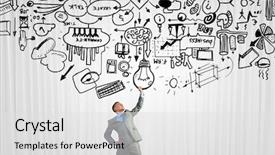  Presentation with great communication skills in business - Colorful slide deck enhanced with thought leadership - young businessman lifting his great backdrop and a light gray colored foreground