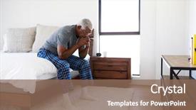  Presentation with man head in hands - Slide set with thought process - depressed senior man looking unhappy background and a violet colored foreground