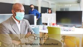  Presentation with face mask - Colorful presentation design enhanced with thoughtful-african-business-man backdrop and a gold colored foreground