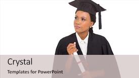  Presentation with elementary school african american female - PPT theme having thoughtful african female graduate looking background and a light gray colored foreground