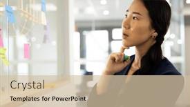  Presentation with corporation - Presentation theme having thoughtful-asian-woman-brainstorming background and a soft green colored foreground