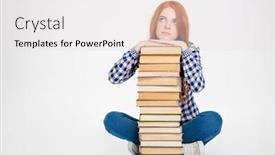  Presentation with stack books - Slide set with thoughtful attractive young female put head on stack of books and sitting with legs crossed isolated over white background background and a white colored foreground