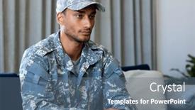 Presentation with military - PPT layouts featuring thoughtful-biracial-male-soldier-wearing background and a ocean colored foreground