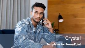  Presentation with military communication - Presentation enhanced with thoughtful-biracial-male-soldier background and a ocean colored foreground