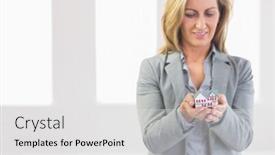  Presentation with realtor - Audience pleasing PPT layouts consisting of thoughtful blonde realtor standing in a room looking and presenting a mini model house backdrop and a white colored foreground