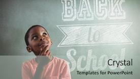  Presentation with back school - Colorful presentation theme enhanced with thoughtful boy against greenboard backdrop and a light gray colored foreground