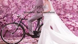  Presentation with pink flowers - PPT theme enhanced with thoughtful bride standing with bridegroom riding bicycle against pink flowers covering wall background and a coral colored foreground