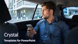  Presentation with man holding phone - Slide set with thoughtful business man holding phone background and a navy blue colored foreground