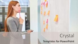  Presentation with sticky notes - Audience pleasing presentation design consisting of thoughtful-business-woman-or-student backdrop and a soft green colored foreground