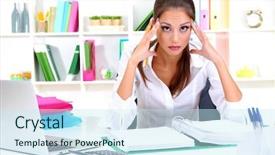  Presentation with business practices - Cool new PPT theme with thoughtful business woman with notebook backdrop and a  colored foreground