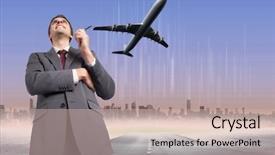  Presentation with horizon - Presentation design having thoughtful businessman holding pen against cityscape on the horizon background and a soft green colored foreground