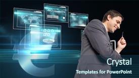  Presentation with technical - PPT layouts featuring thoughtful businessman holding pen against euro sign on technical background background and a ocean colored foreground