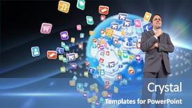  Presentation with digital pen - Colorful slides enhanced with thoughtful businessman holding pen to chin against digital earth background backdrop and a teal colored foreground