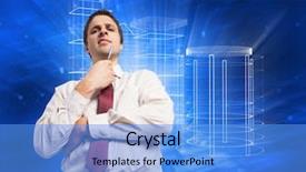  Presentation with blue squares - Amazing slide set having thoughtful businessman holding pen to chin against abstract blue squares backdrop and a light blue colored foreground