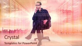  Presentation with server room - Beautiful presentation design featuring thoughtful businessman sitting on a swivel chair against server room with towers backdrop and a lemonade colored foreground