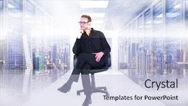  Presentation with server room - Colorful presentation theme enhanced with thoughtful businessman sitting on a swivel chair against server room with towers backdrop and a light blue colored foreground