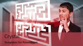  Presentation with towers - Colorful slides enhanced with thoughtful businessman touching against composite image of server towers backdrop and a red colored foreground