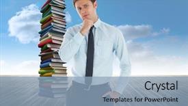  Presentation with stack books - Cool new slide deck with thoughtful businessman with hand on chin against stack of books against sky backdrop and a light blue colored foreground