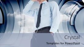  Presentation with structure - Amazing presentation theme having thoughtful businessman with hand on chin against cloud in a futuristic structure backdrop and a light blue colored foreground