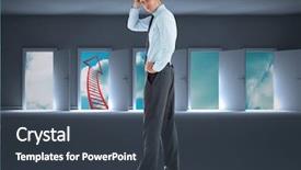  Presentation with opening doors - PPT layouts featuring thoughtful businessman with hand on head against doors opening to show red arrow and sky background and a tawny brown colored foreground