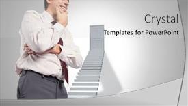  Presentation with steps - PPT theme with thoughtful businessman with hand on chin against shut door at top of steps background and a light gray colored foreground