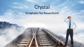 Presentation with railway tracks - Presentation theme enhanced with thoughtful businessman with hand on head against railway tracks leading to clouds background and a light blue colored foreground