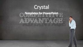  Presentation with words - Presentation with thoughtful businessman with hand on chin against buzz words in room background and a dark gray colored foreground