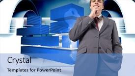  Presentation with structure design - Slide set consisting of thoughtful businessman with hand on chin against abstract cloud design in futuristic structure background and a teal colored foreground