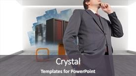  Presentation with towers - Colorful presentation theme enhanced with thoughtful businessman with hand on chin against abstract screen in room showing server towers backdrop and a dark gray colored foreground