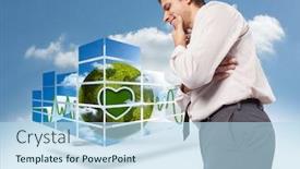  Presentation with steps - PPT theme enhanced with thoughtful businessman with hand on chin against steps leading to closed door in the sky background and a light blue colored foreground