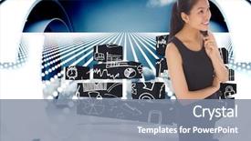  Presentation with abstract blue white - Slide set having thoughtful businesswoman against abstract design in blue and white background and a seafoam green colored foreground